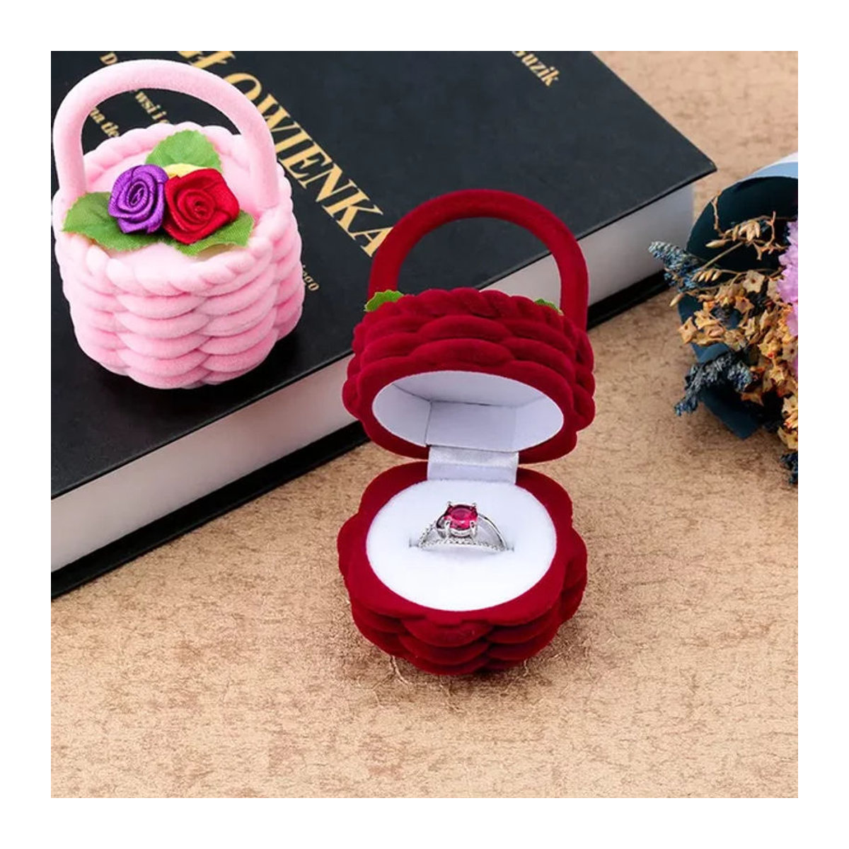 SMI Fine Blumenkorb aus Samt in Rot als Schmucketui für Hochzeit und Verlobung - Bild 1