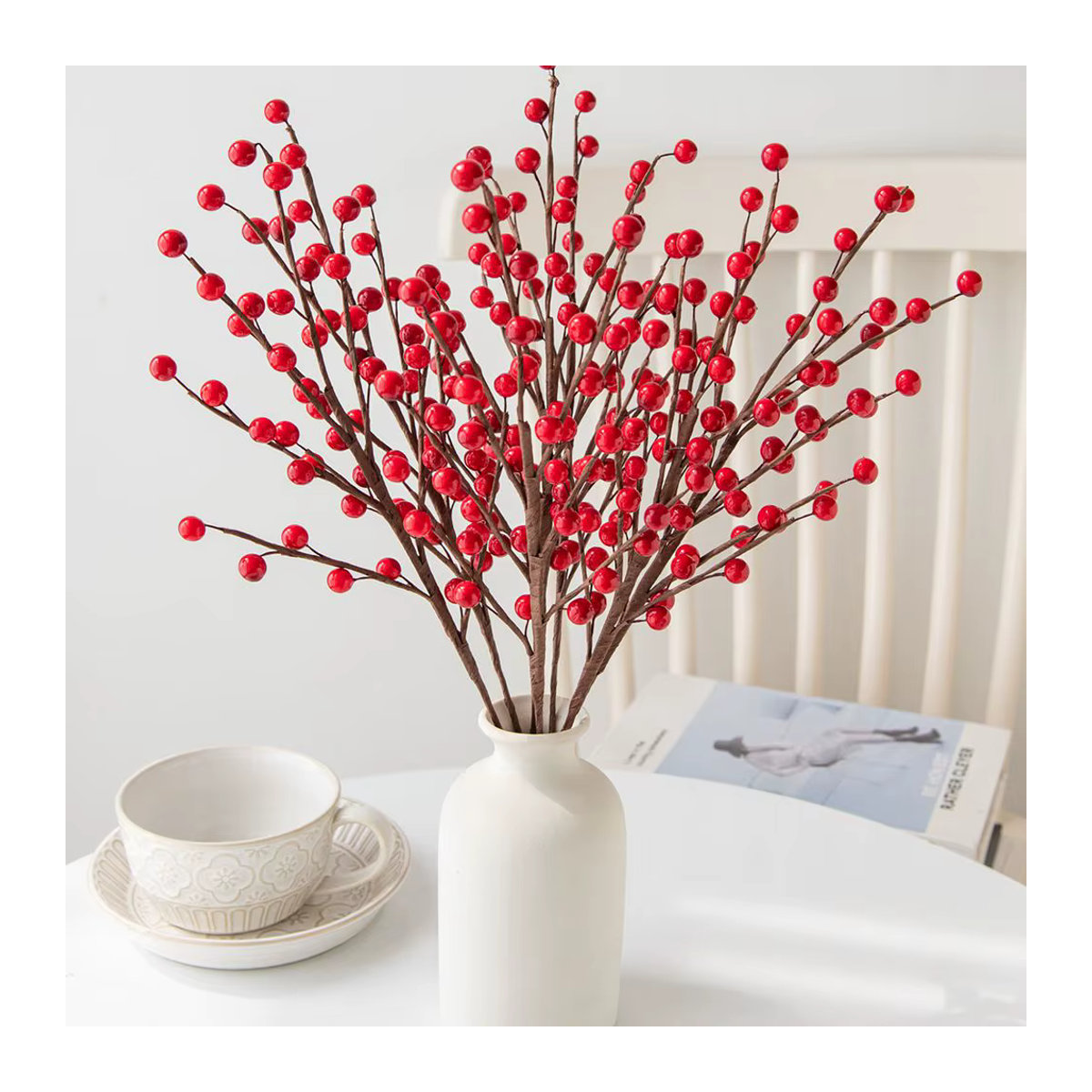 Smr Künstliche Holly Pflanzen mit roten Beeren in Rot und Grün für Weihnachten und Hochzeiten - Bild 3