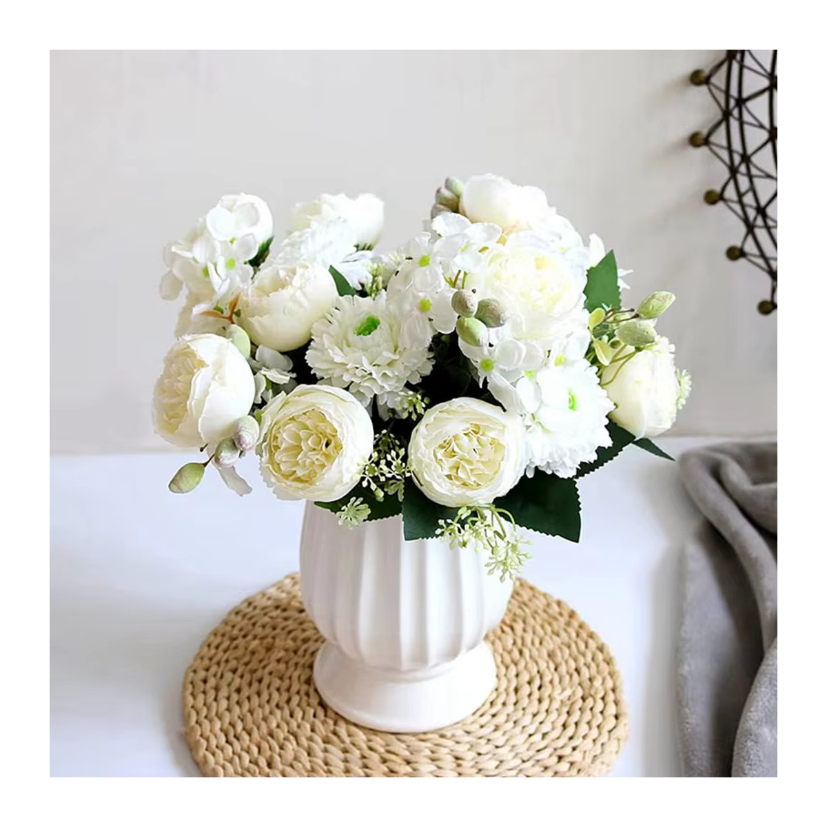 Smr Künstlicher Blumenstrauß mit Keramikvase in Weiß und Mehrfarbig für Hochzeit und Wohnzimmer Dekoration - Bild 1
