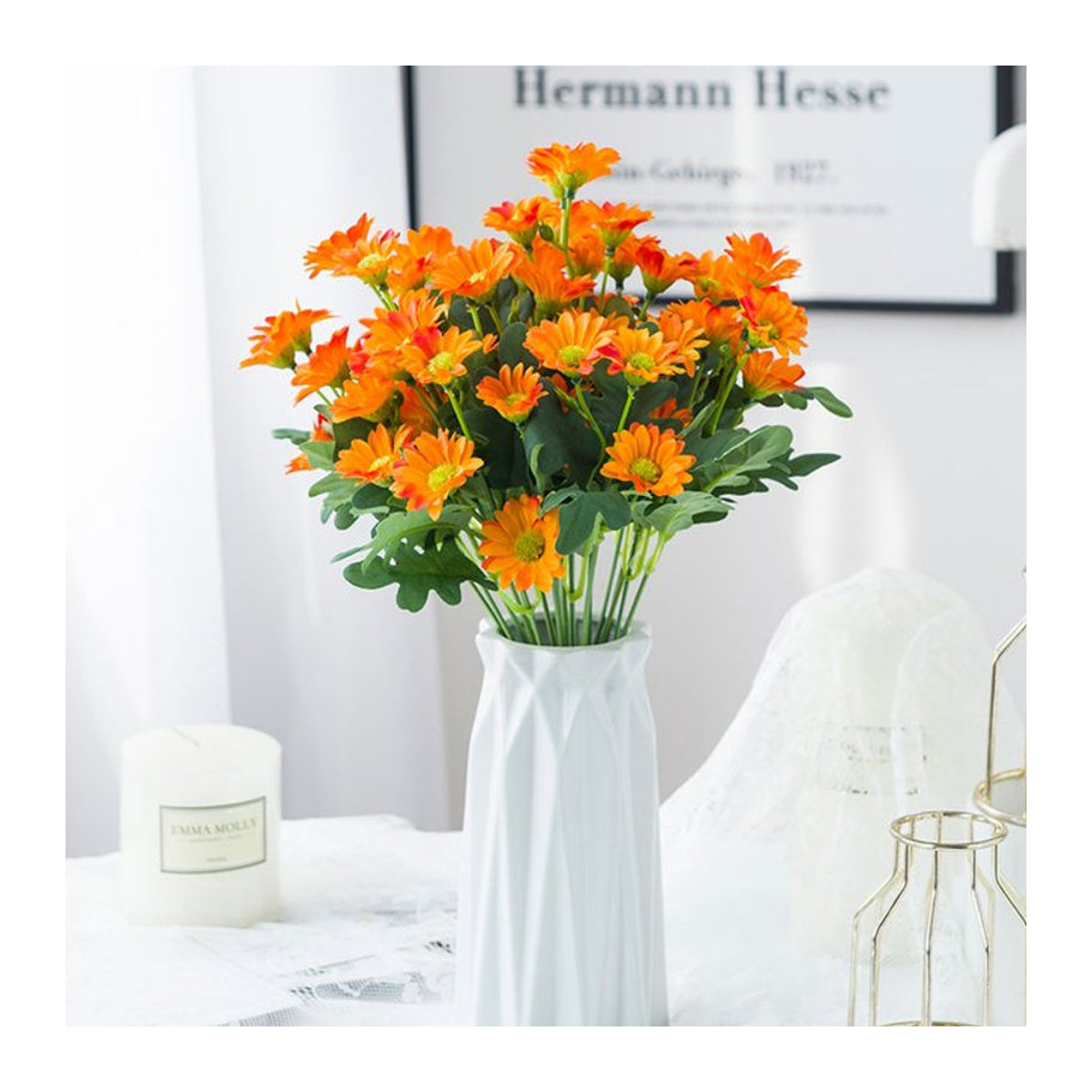Smr Künstlicher Gänseblümchen Blumenstrauß aus Seide in Gelb und Orange mit 21 Köpfen für Herbst- und Hochzeitsdekoration - Bild 1