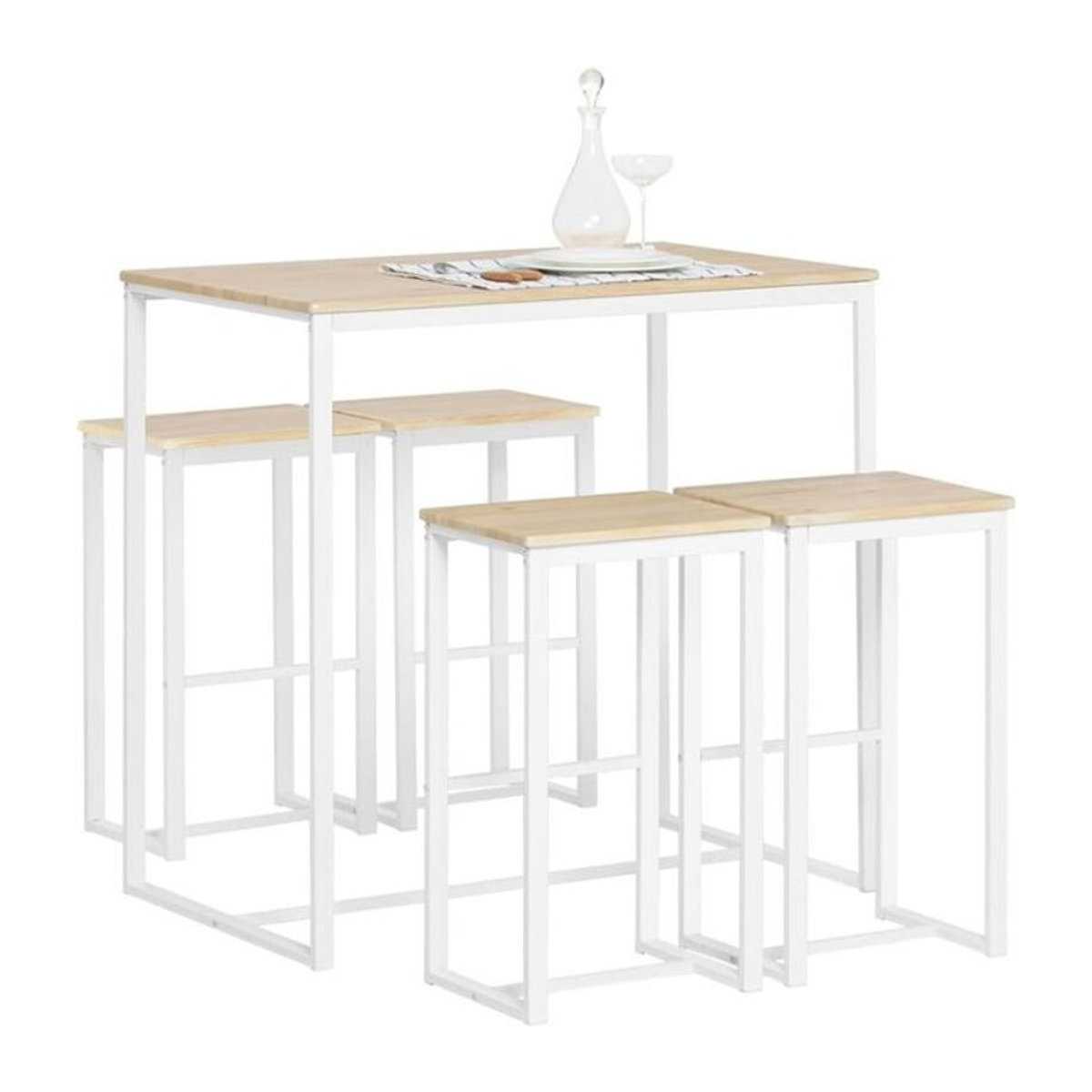 SoBuy Bartisch-Set OGT15-WN in 5-teiliger Ausführung mit 4 Barhockern im Industrial-Design, Farbe Weiß-Natur, B/T/H: 100 x 60 x 96 cm - Bild 1
