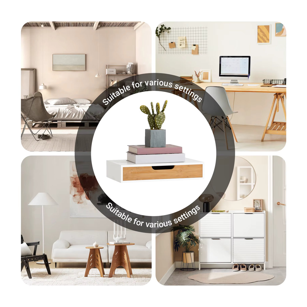 SoBuy FRG92-WN Hängeschrank mit Wandschublade und Schweberegal in Eiche Natur oder Bunt im skandinavischen Design - Bild 4