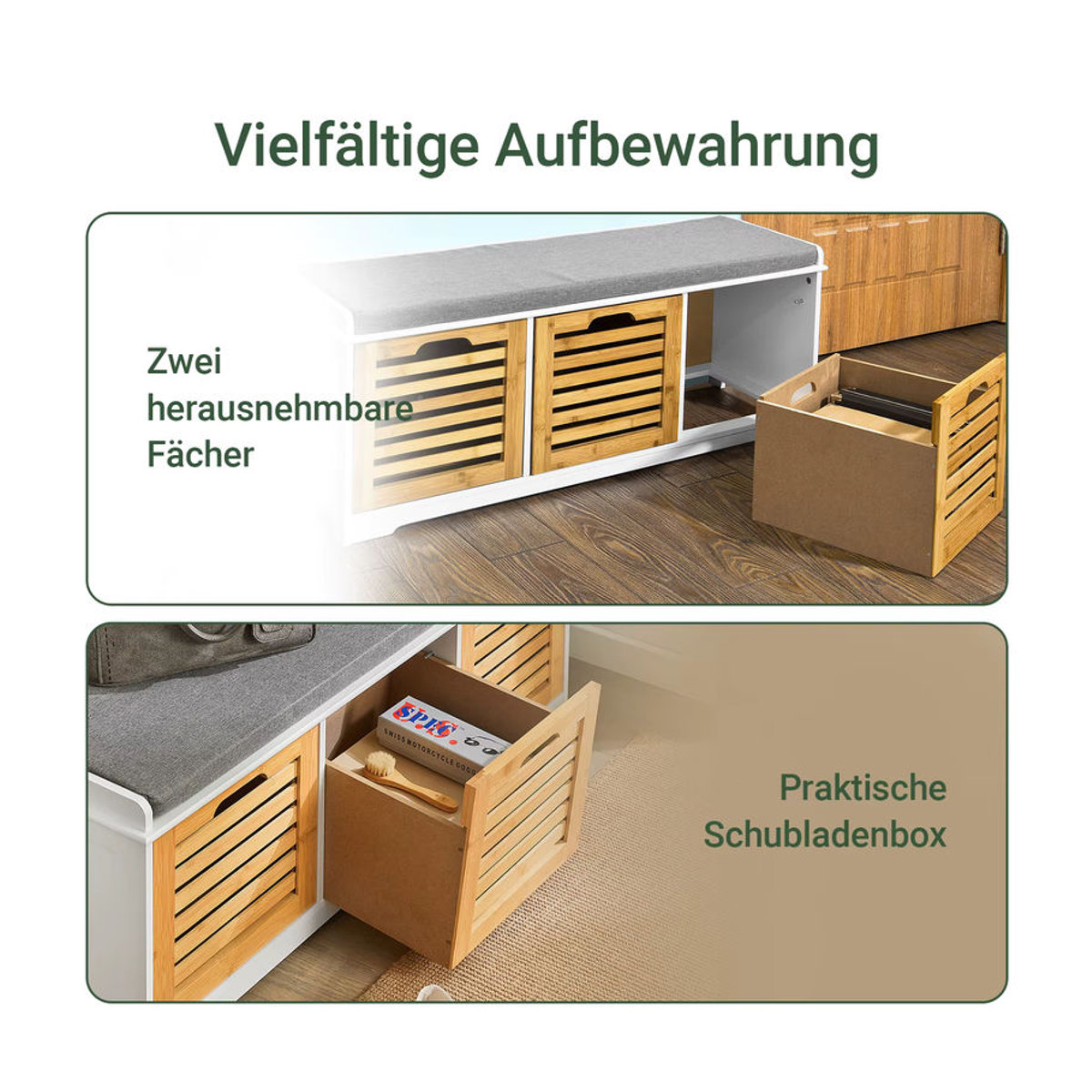 SoBuy FSR23-WN Moderne Sitzbank als Schuhkommode mit 3 Körben und Sitzkissen in Weiß und Bunt aus Holzwerkstoff - Bild 4