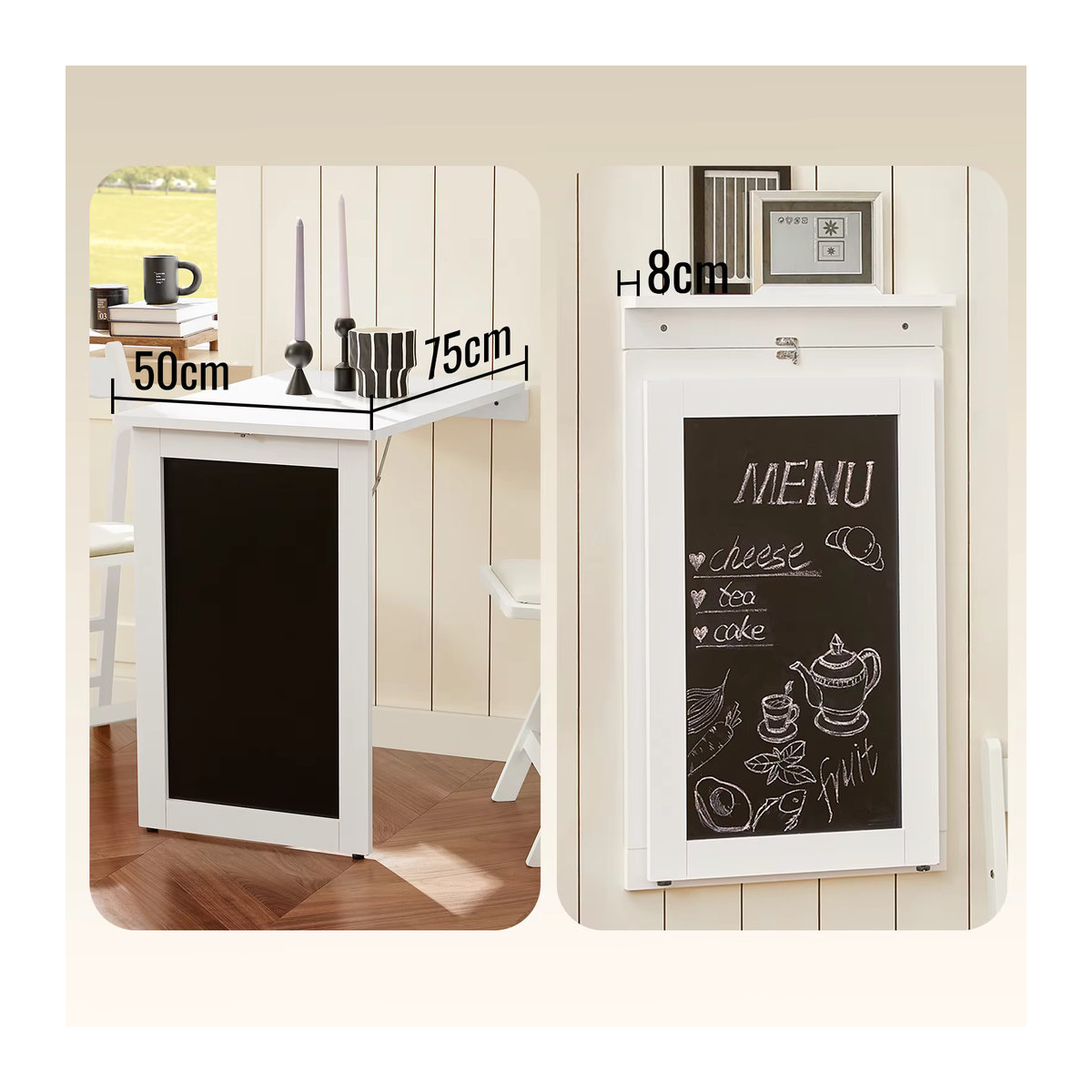 SoBuy FWT20-W Wandtisch mit Tafel und Memoboard in Weiß, moderner Klapptisch im skandinavischen Stil, H x B x T: 75 x 50 x 76 cm - Bild 4