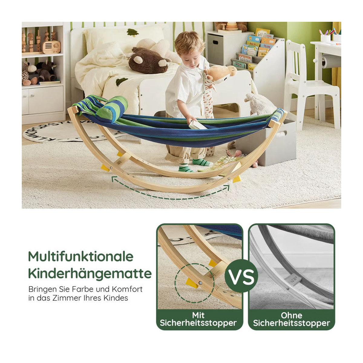 SoBuy Kinderhängematte Schaukelliege aus Holz in Bunt mit Sicherheitsstopper B/H/T: 120 x 46 x 36 cm - Bild 6