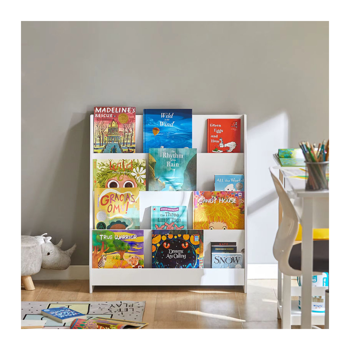 SoBuy KMB32 Kinder Bücherregal mit 4 Ablagefächern in Weiß, minimalistisches Aufbewahrungsregal und Zeitungsständer, freistehend - Bild 1