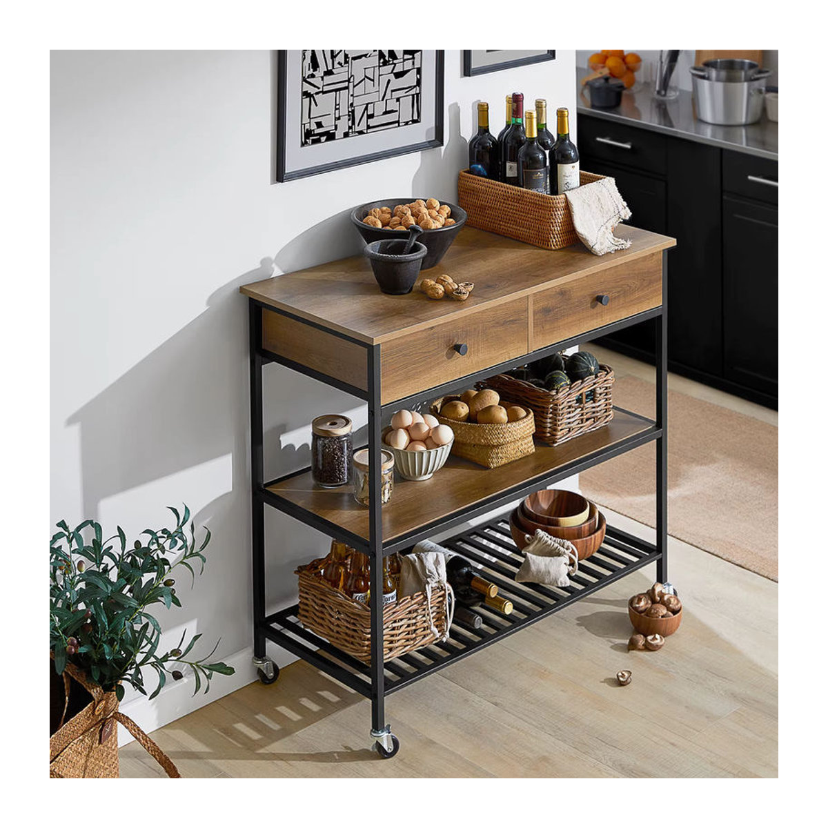 SoBuy Kücheninsel im Industrial Design mit 1 Schublade, Braun/Natur, B: 100 cm, T: 45 cm, H: 92,5 cm - Bild 4