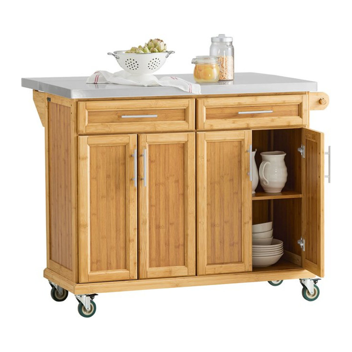 SoBuy Kücheninsel mit Edelstahlarbeitsplatte und 2 Schubladen in Holzoptik, B/T/H: 115 x 71 x 92,5 cm - Bild 1