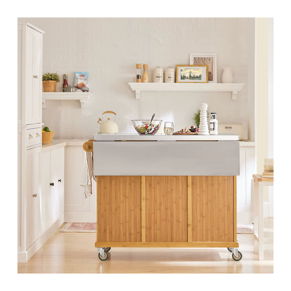 SoBuy Kücheninsel mit Edelstahlarbeitsplatte und 2 Schubladen in Holzoptik, B/T/H: 115 x 71 x 92,5 cm - Bild 2