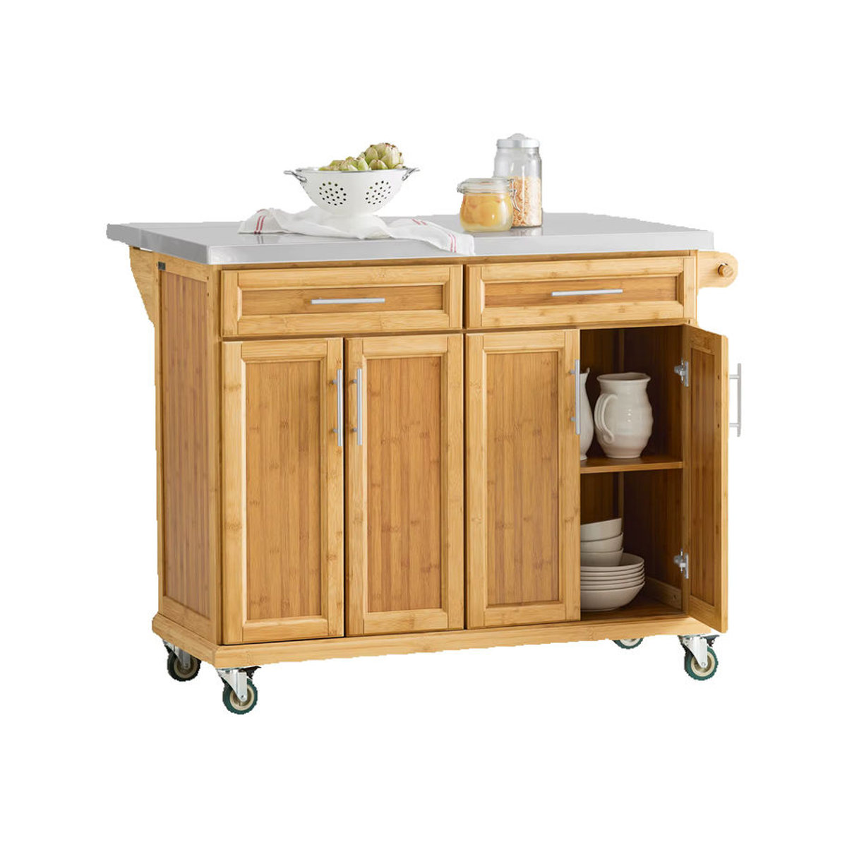 SoBuy Kücheninsel mit Edelstahlarbeitsplatte und 2 Schubladen in Holzoptik, B/T/H: 115 x 71 x 92,5 cm - Bild 4
