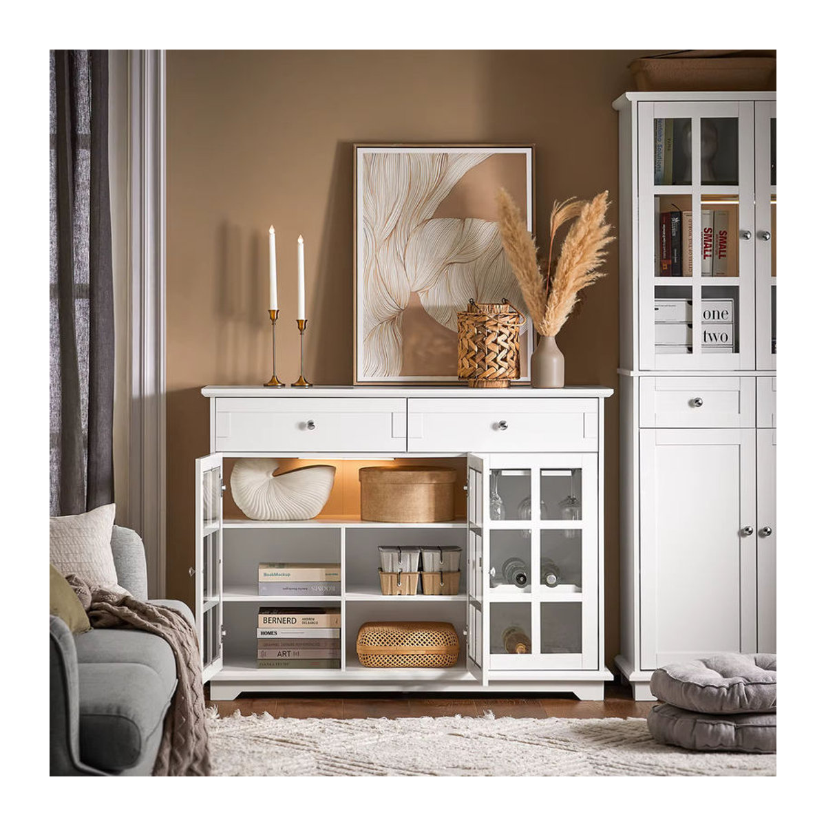SoBuy Küchenschrank FSB77-W als Kücheninsel und Buffet mit Glastür in Weiß, B/T/H: 119 x 40 x 90 cm - Bild 2
