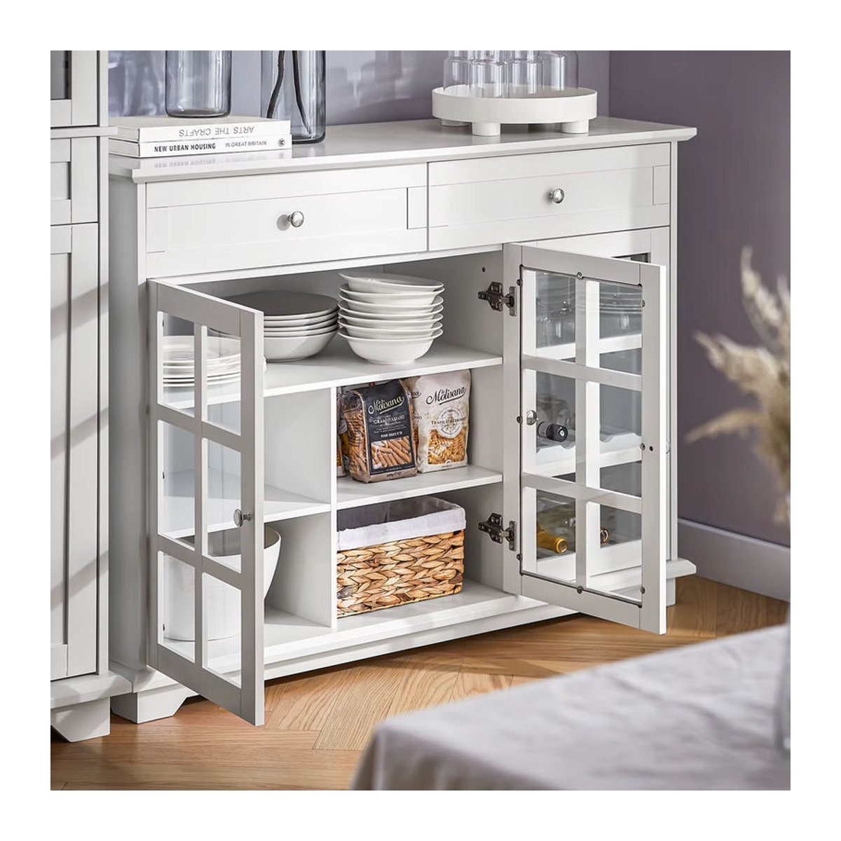 SoBuy Küchenschrank FSB77-W als Kücheninsel und Buffet mit Glastür in Weiß, B/T/H: 119 x 40 x 90 cm - Bild 6