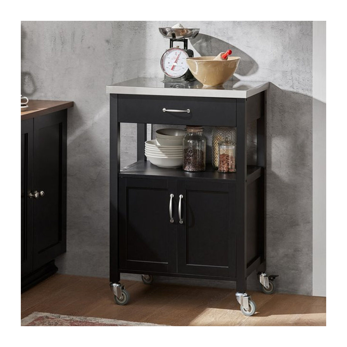 SoBuy Küchenwagen Modern in Schwarz mit Schublade aus Holz und Edelstahl B/T/H: 60 x 44,5 x 91 cm - Bild 2
