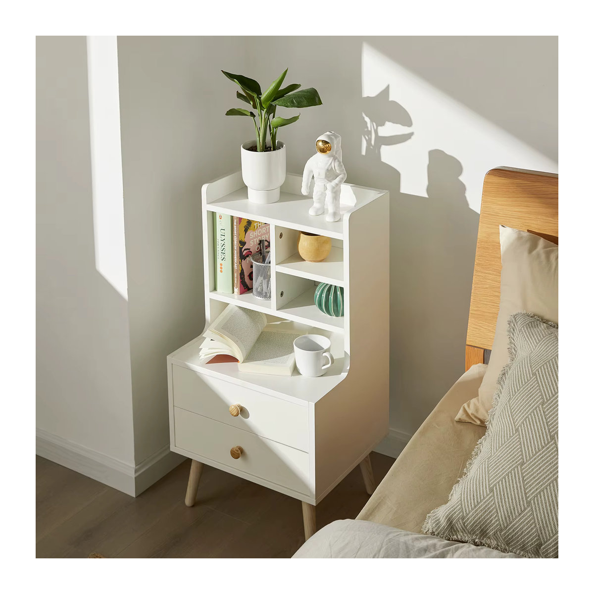 SoBuy Nachttisch FBT100-W in Weiß im modernen skandinavischen Design mit 2 Schubladen und offenen Fächern - Bild 3