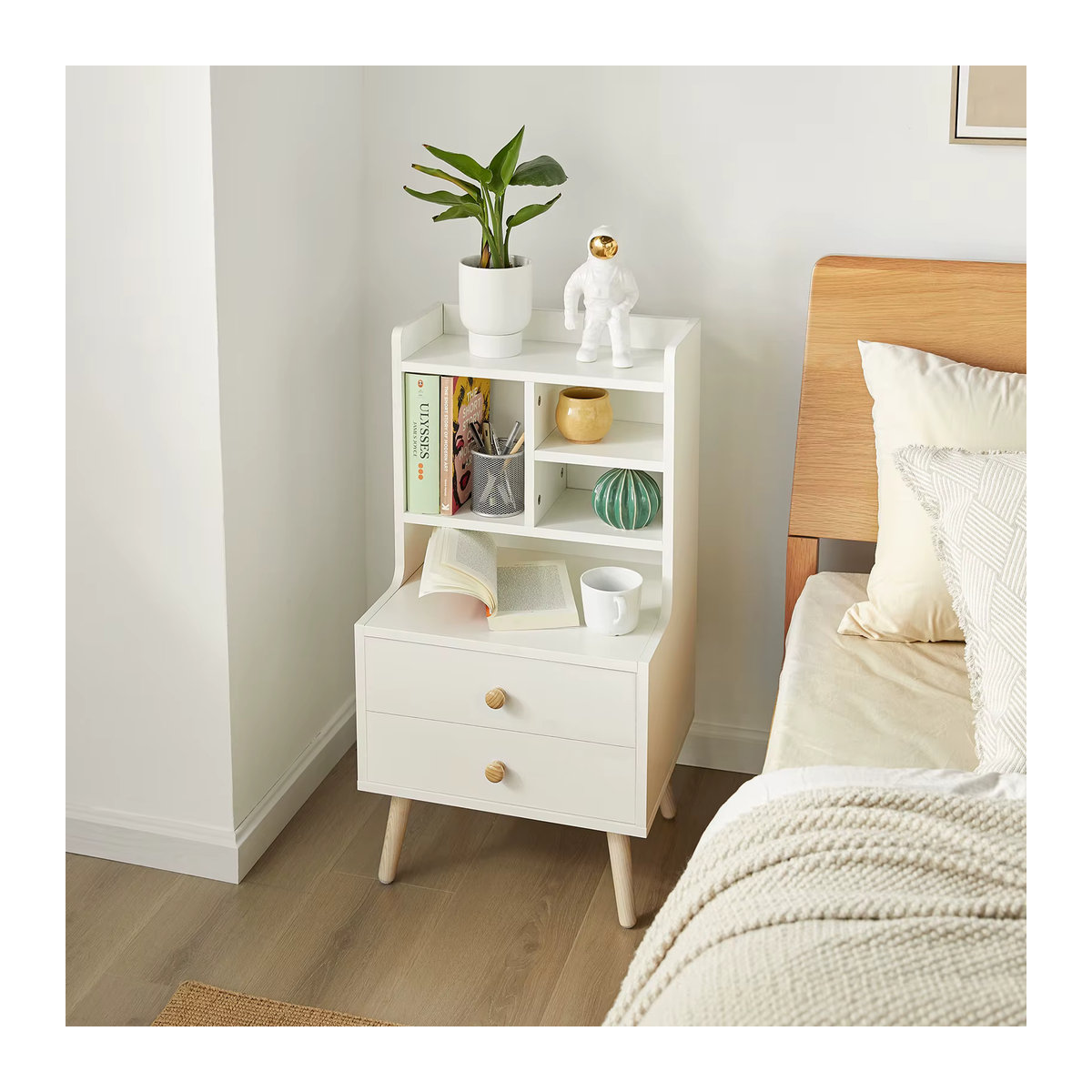 SoBuy Nachttisch FBT100-W in Weiß im modernen skandinavischen Design mit 2 Schubladen und offenen Fächern - Bild 4