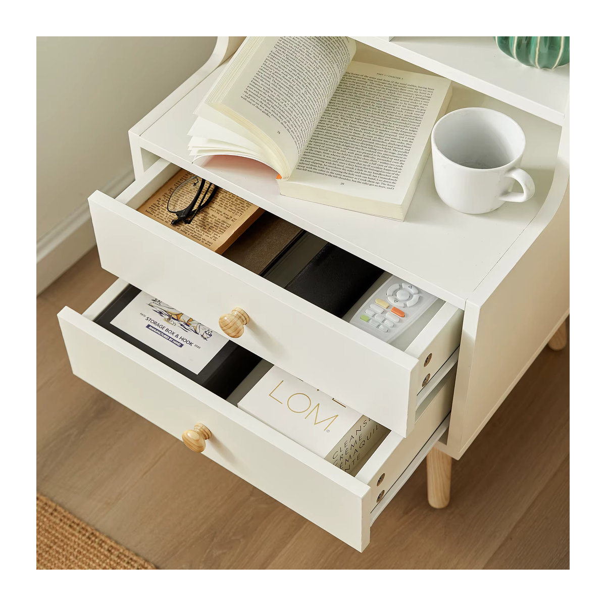 SoBuy Nachttisch FBT100-W in Weiß im modernen skandinavischen Design mit 2 Schubladen und offenen Fächern - Bild 5