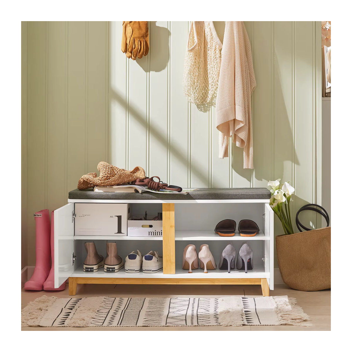 SoBuy Schuhbank FSR117 mit 2 Drehtüren in Weiß, Klassisch und Skandinavisch, B/T/H: 90 x 34 x 46 cm - Bild 3