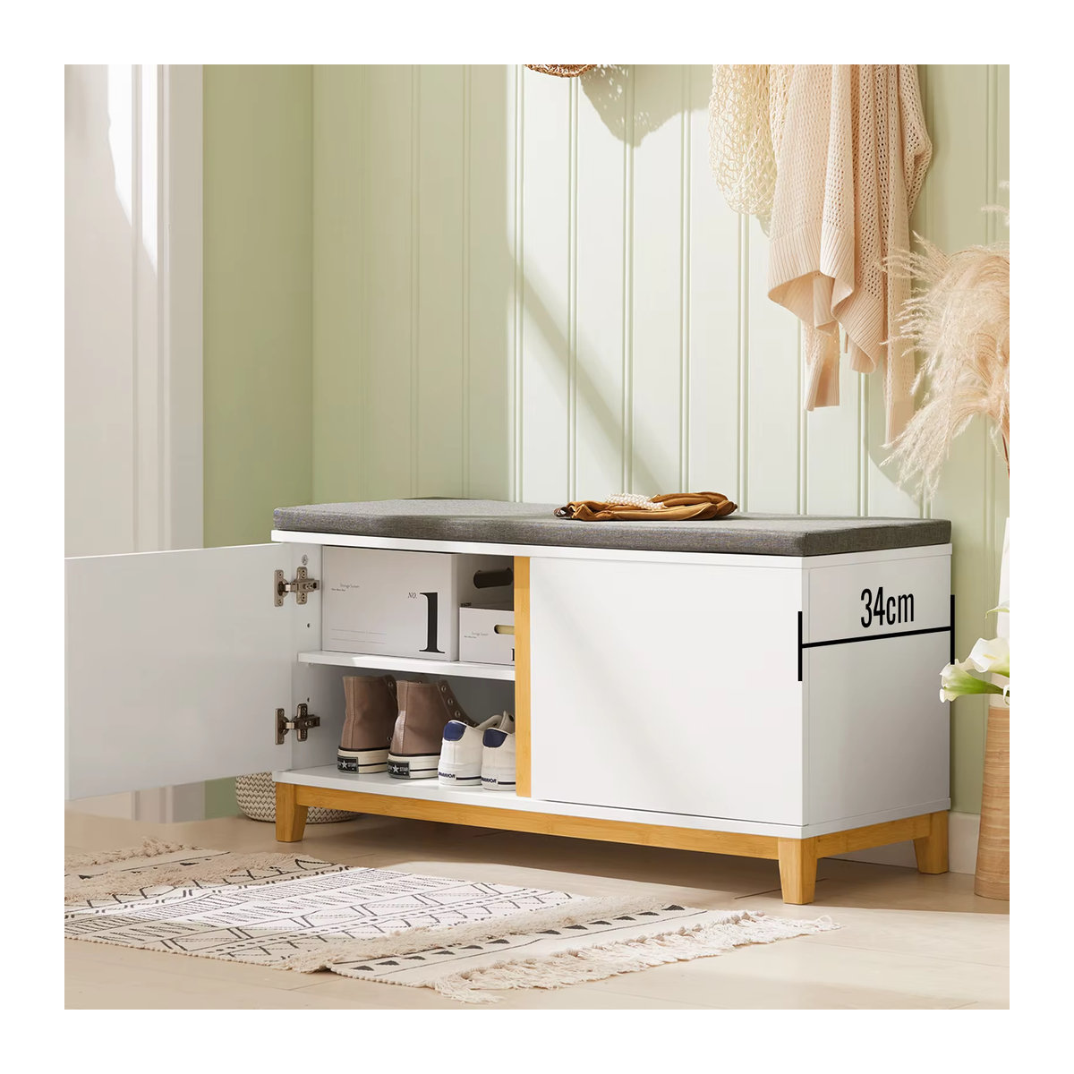 SoBuy Schuhbank FSR117 mit 2 Drehtüren in Weiß, Klassisch und Skandinavisch, B/T/H: 90 x 34 x 46 cm - Bild 4