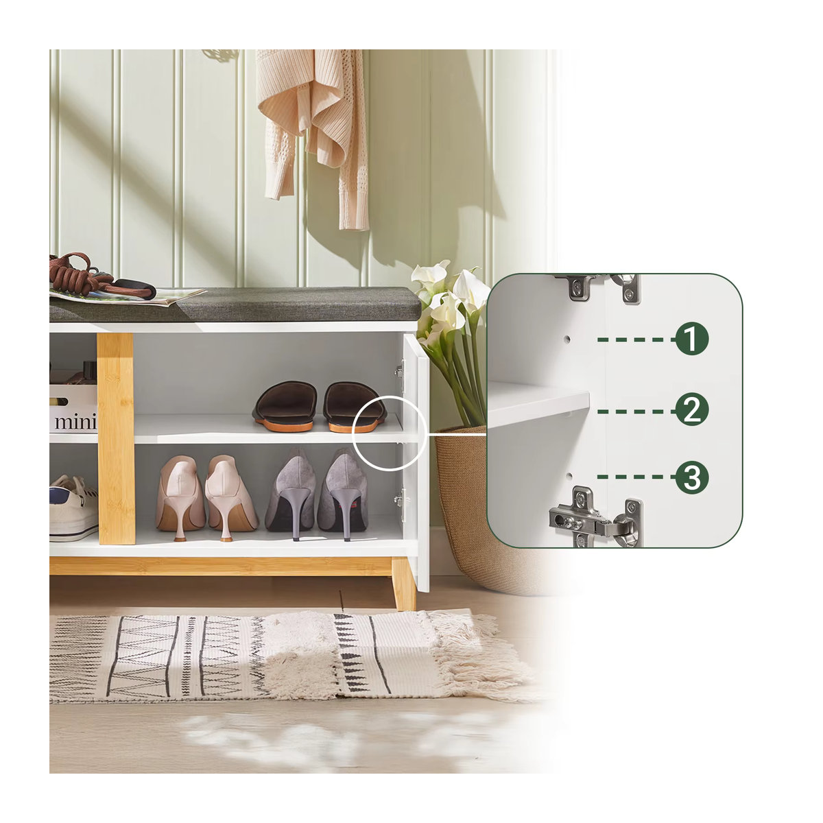 SoBuy Schuhbank FSR117 mit 2 Drehtüren in Weiß, Klassisch und Skandinavisch, B/T/H: 90 x 34 x 46 cm - Bild 5