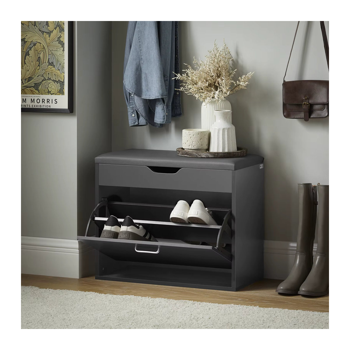 SoBuy Schuhbank FSR95 mit Sitzkissen aus Kunstleder in Anthrazit, Schuhregal und Schuhkipper mit einer Klappe, B/T/H: 60 x 30 x 30 cm - Bild 4