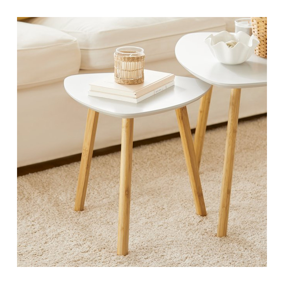 SoBuy Set aus 2 runden Satztischen aus Bambus und Holzwerkstoff, Weiß/Natur, B/T/H: 56 x 55 x 45 cm - Bild 1