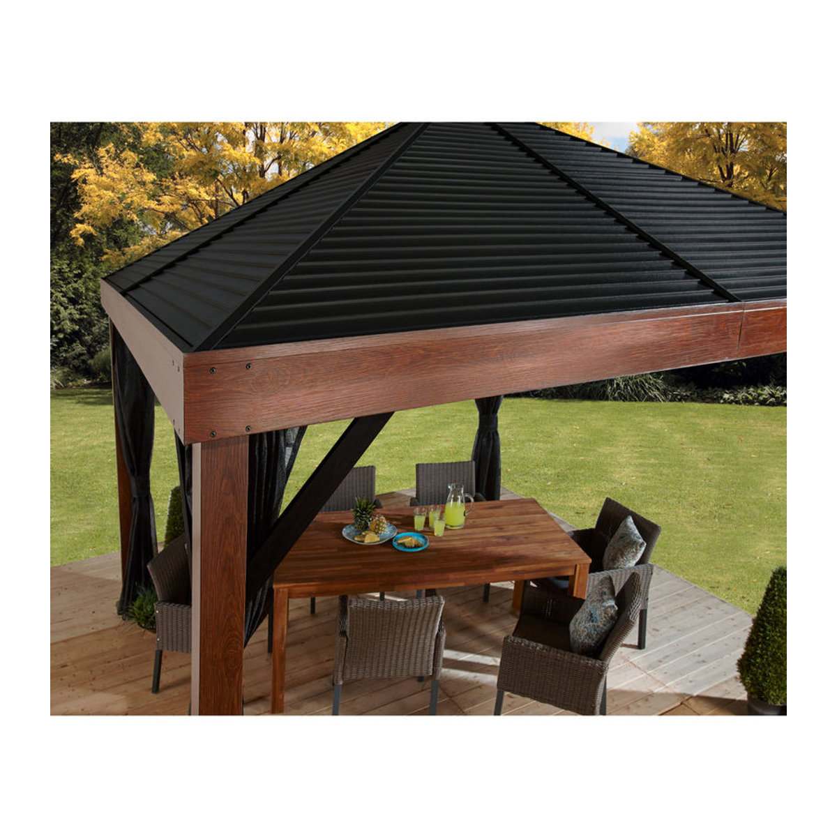 Sojag Pavillon Valencia 12x12 Aluminium in Holzoptik Braun mit Moskitonetz, B/T/H: 363 x 363 x 310 cm - Bild 1