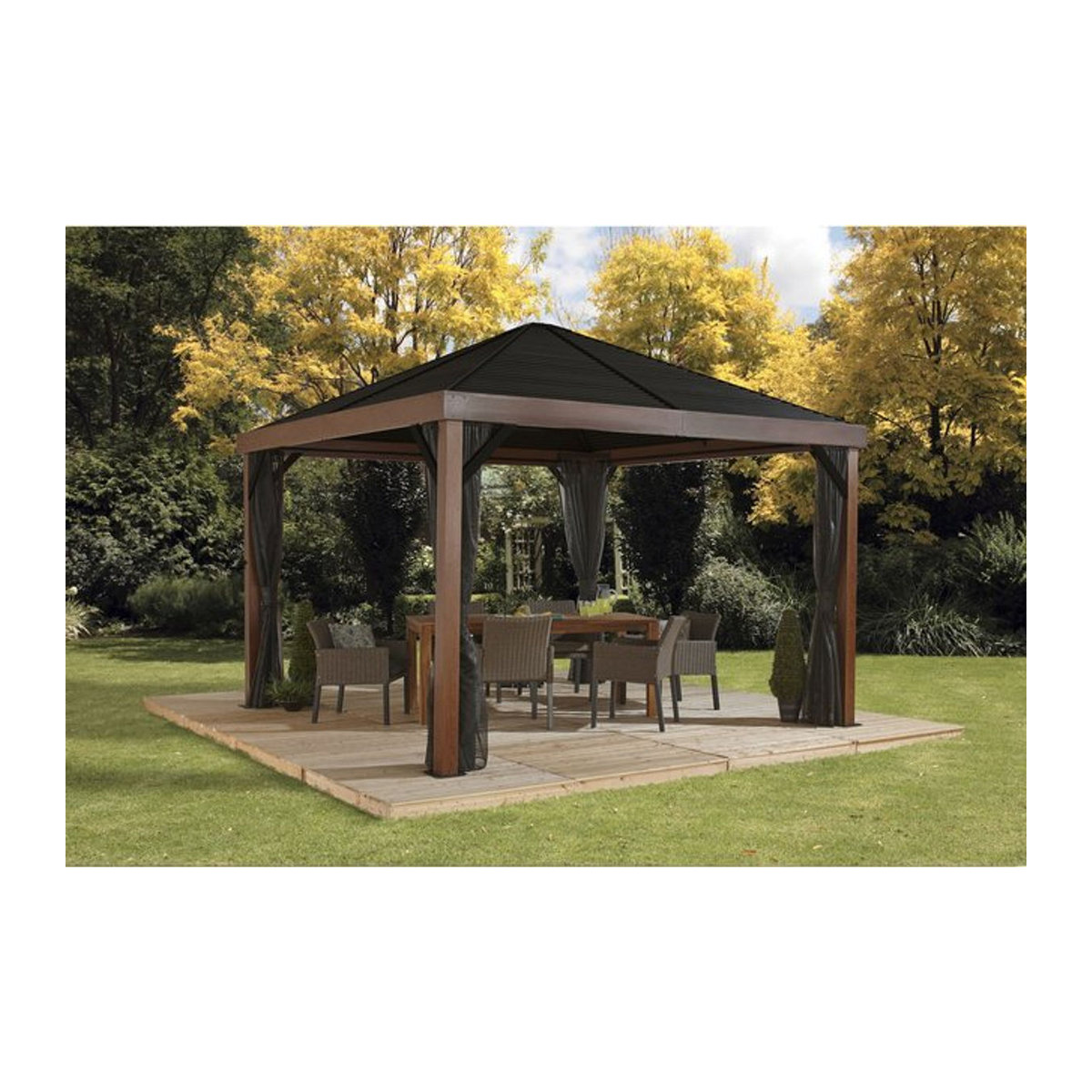 Sojag Pavillon Valencia 12x12 Aluminium in Holzoptik Braun mit Moskitonetz, B/T/H: 363 x 363 x 310 cm - Bild 3