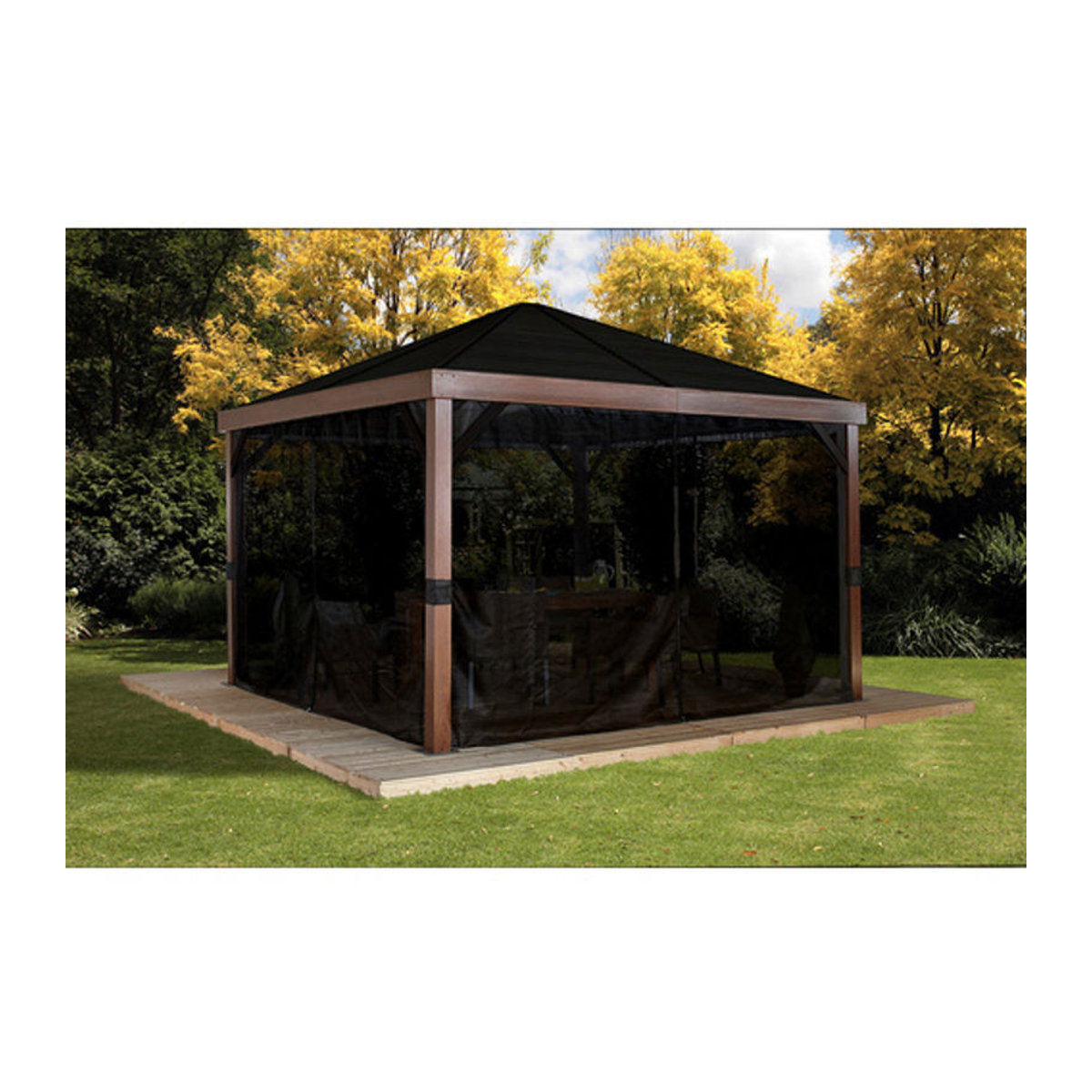 Sojag Pavillon Valencia 12x12 Aluminium in Holzoptik Braun mit Moskitonetz, B/T/H: 363 x 363 x 310 cm - Bild 5