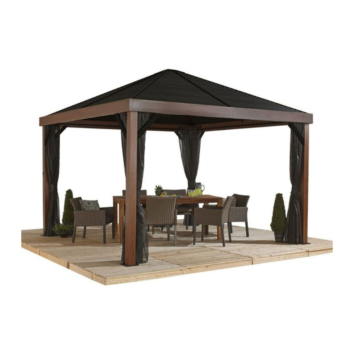 Sojag Pavillon Valencia 12x12 Aluminium in Holzoptik Braun mit Moskitonetz, B/T/H: 363 x 363 x 310 cm - Bild 6