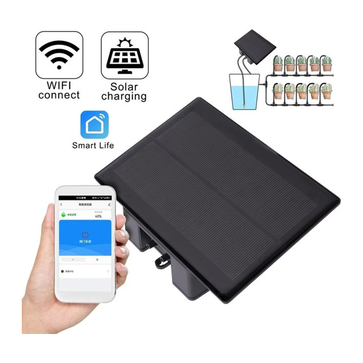 Solar Bewässerungsset mit WIFI und App-Steuerung für automatische Tropfbewässerung in Schwarz - Bild 1