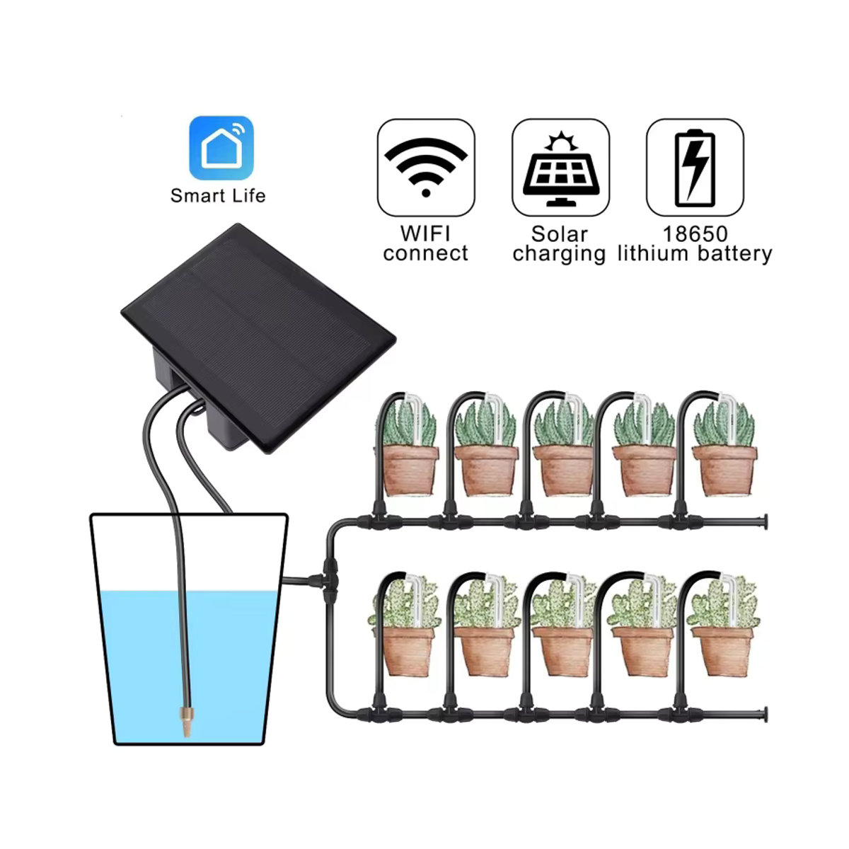 Solar Bewässerungsset mit WIFI und App-Steuerung für automatische Tropfbewässerung in Schwarz - Bild 2