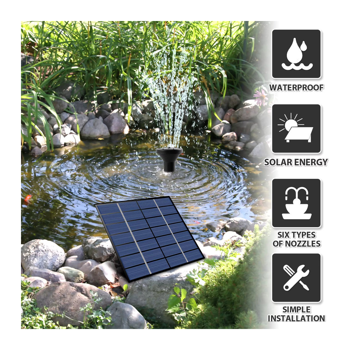 Solar Brunnen Kit mit 1,4 W Solar-Wasserpumpe und 5 Düsen für Garten, Teich und Vogelbad, Schwarz, Kunststoff - Bild 2
