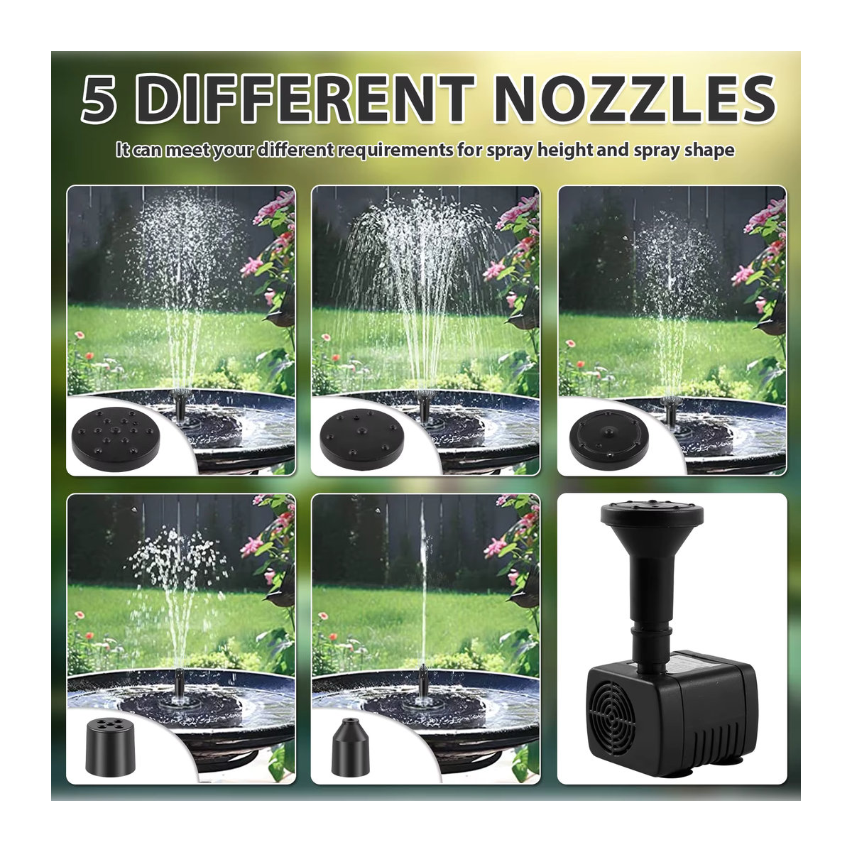 Solar Brunnen Kit mit 1,4 W Solar-Wasserpumpe und 5 Düsen für Garten, Teich und Vogelbad, Schwarz, Kunststoff - Bild 3