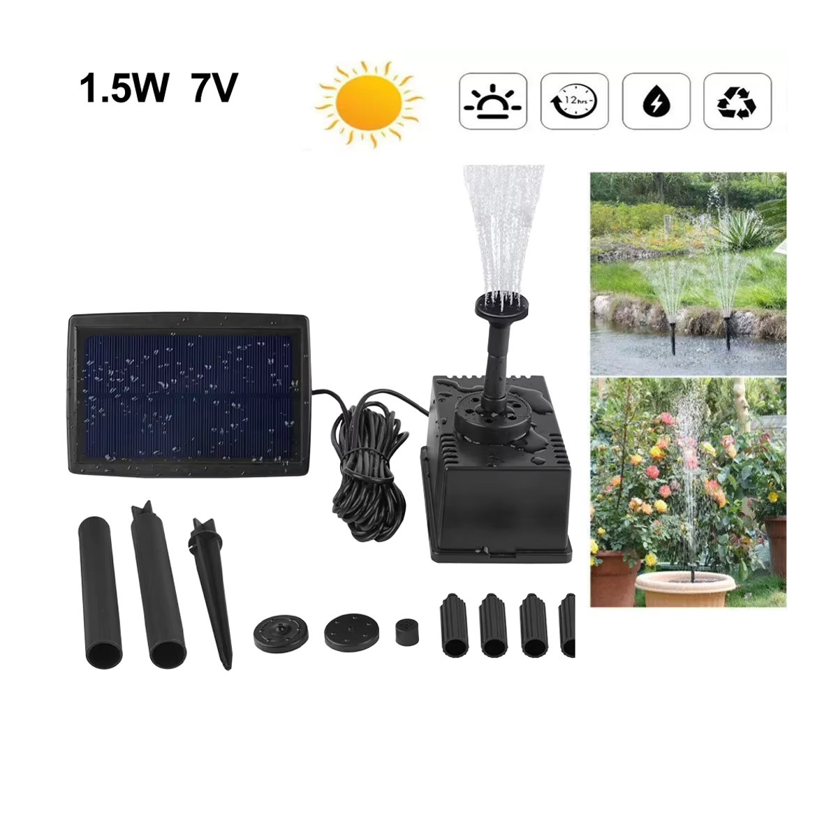 Solar Brunnen Pumpe mit Filter für Teich und Aquarium, 1,5 W 7 V, Schwarz - Bild 3