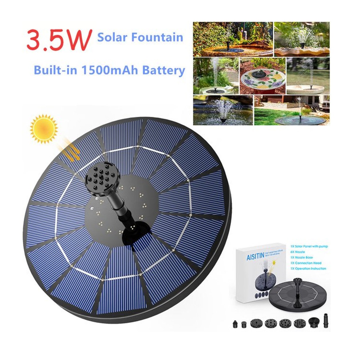Solar-Brunnenpumpe mit 3,5 W und 1500 mAh Akku in Schwarz, schwimmende Solar-Wasserpumpe mit 6 Düsen für dein Vogelbad - Bild 1