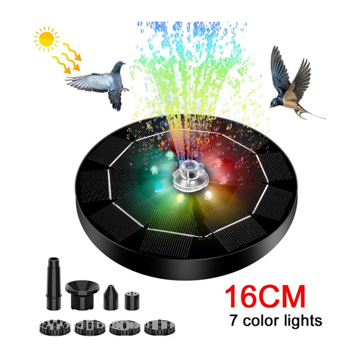 Solar-Drehbrunnen mit 7 LED-Lichtern und 6 Düsen, Solar-Wasserpumpe 3W für Garten und Vogelbad, Schwarz aus Kunststoff - Bild 1