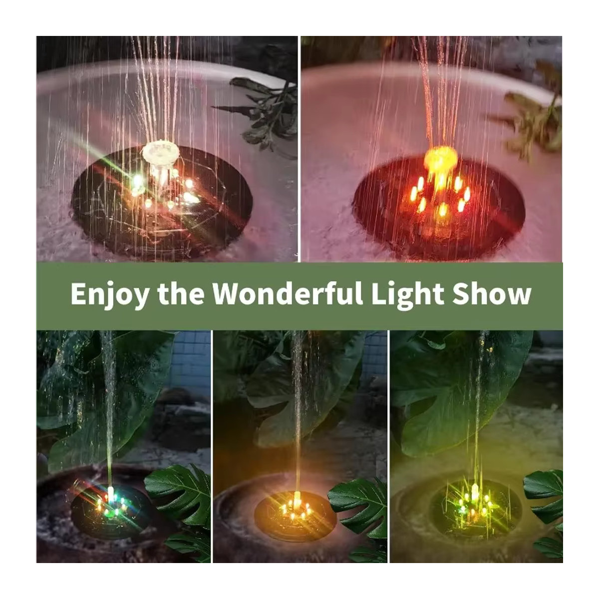 Solar-Drehbrunnen mit 7 LED-Lichtern und 6 Düsen, Solar-Wasserpumpe 3W für Garten und Vogelbad, Schwarz aus Kunststoff - Bild 3