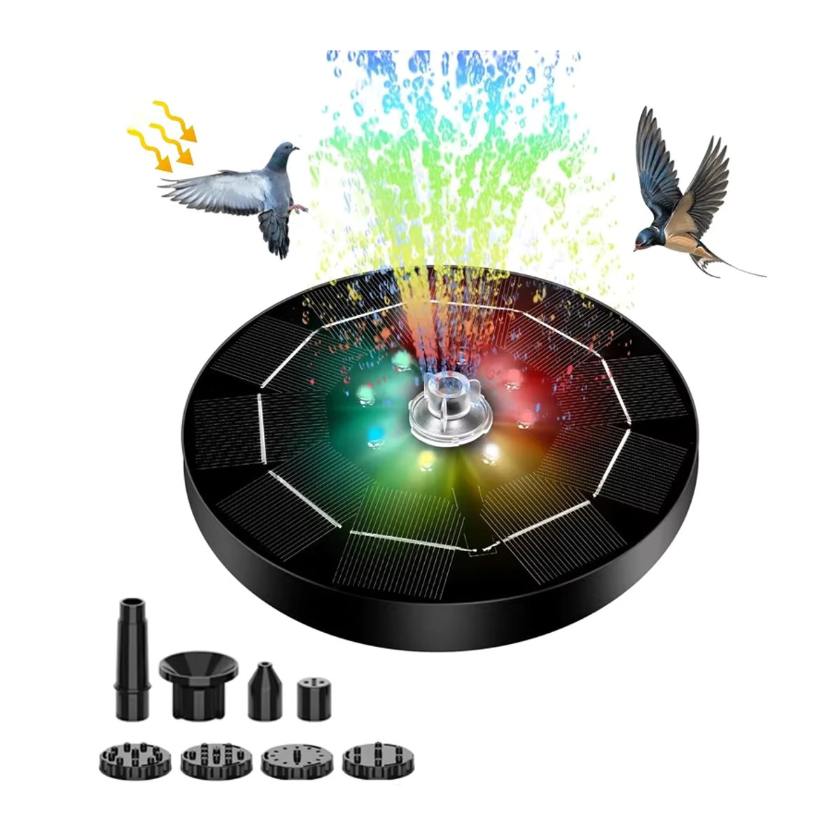 Solar-Drehbrunnen mit 7 LED-Lichtern und 6 Düsen, Solar-Wasserpumpe 3W für Garten und Vogelbad, Schwarz aus Kunststoff - Bild 6