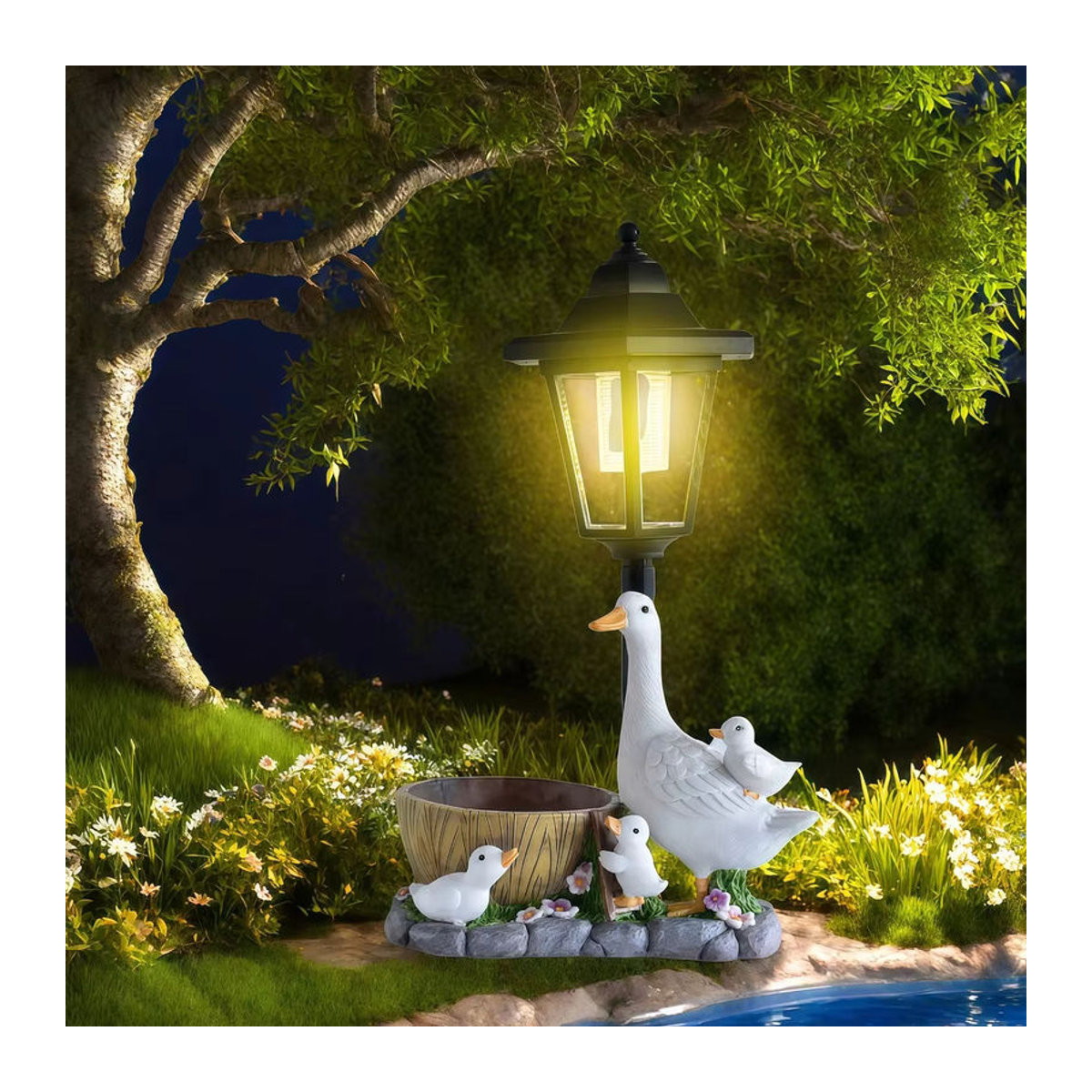 Solar Ente LED Nachtlicht aus Kunstharz in Weiß als dekorative Garten Skulptur und Außenbeleuchtung - Bild 3