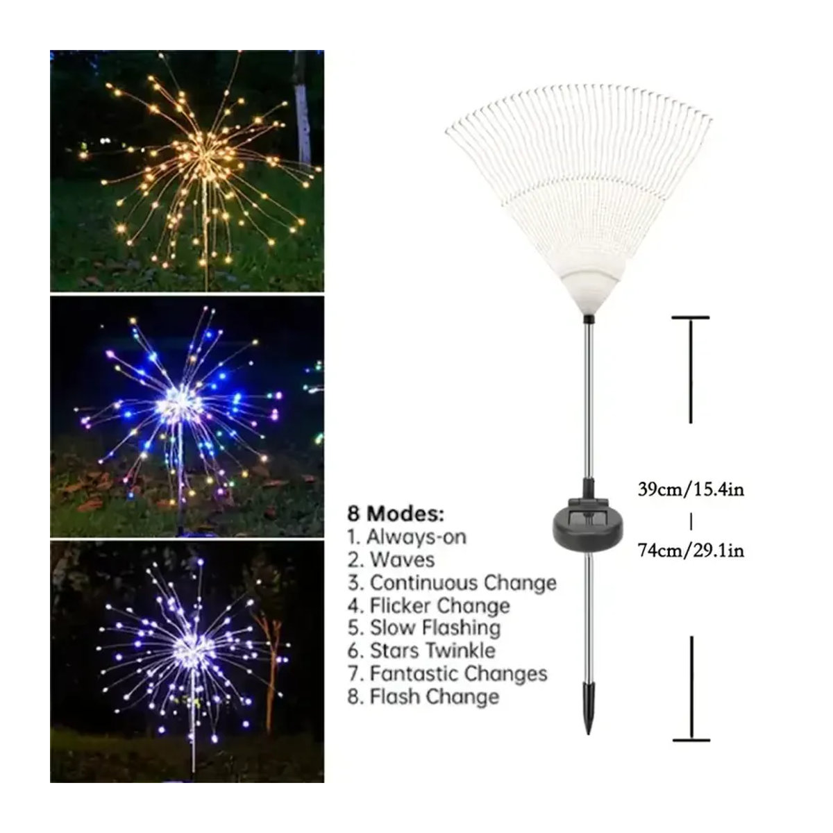 Solar-Feuerwerkslichter mit 420 LEDs und 8 Modi, mehrfarbig und warmweiß, IP65 wasserdichte Solarleuchte für Garten, Terrasse und Dekoration - Bild 4