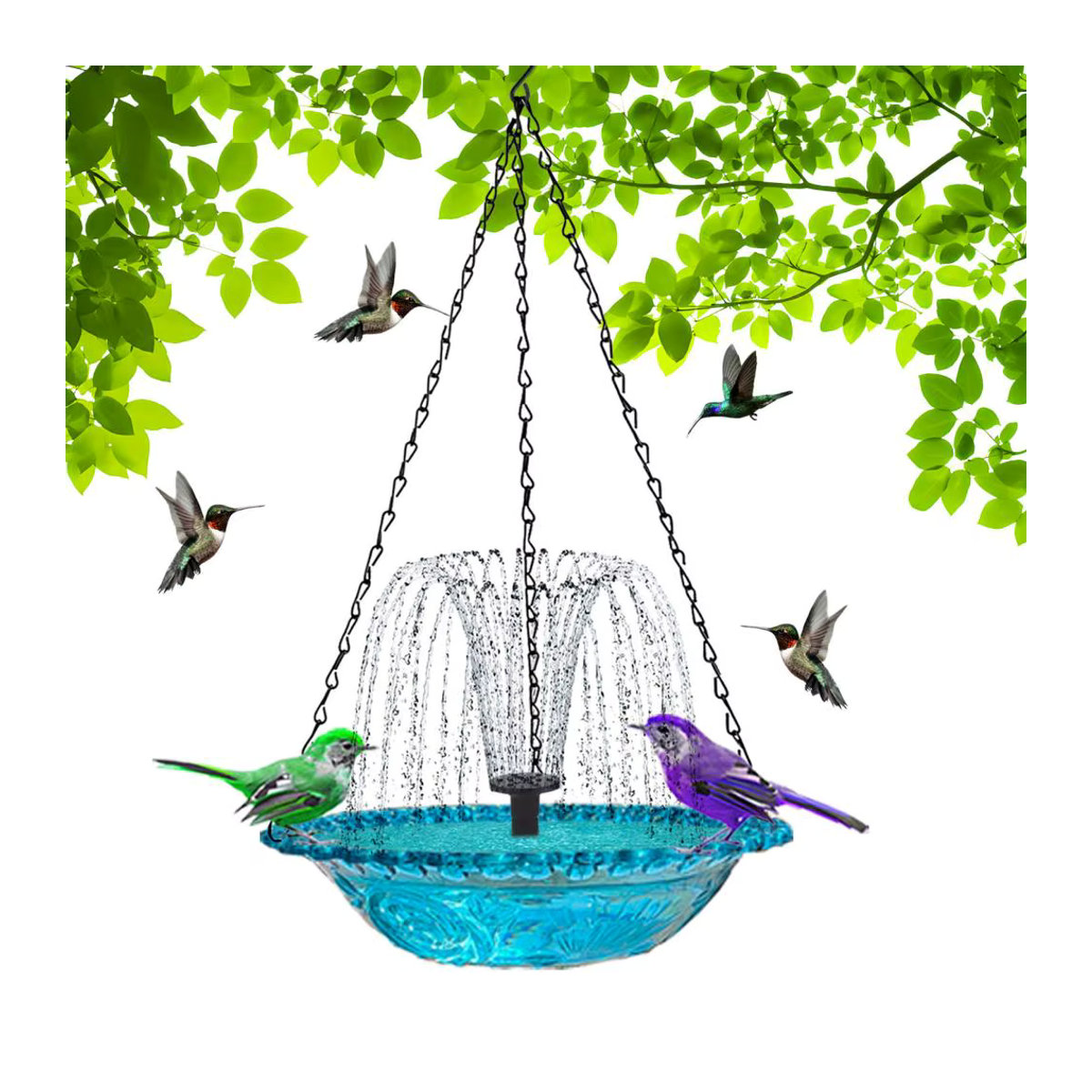 Solar-Kaskadenbrunnen mit blauem Glasbecken als solarbetriebenes Vogelbad für Wildvögel und Kolibris - Bild 2