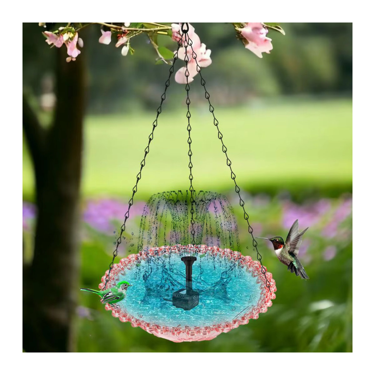 Solar-Kaskadenbrunnen mit blauem Glasbecken als solarbetriebenes Vogelbad für Wildvögel und Kolibris - Bild 3