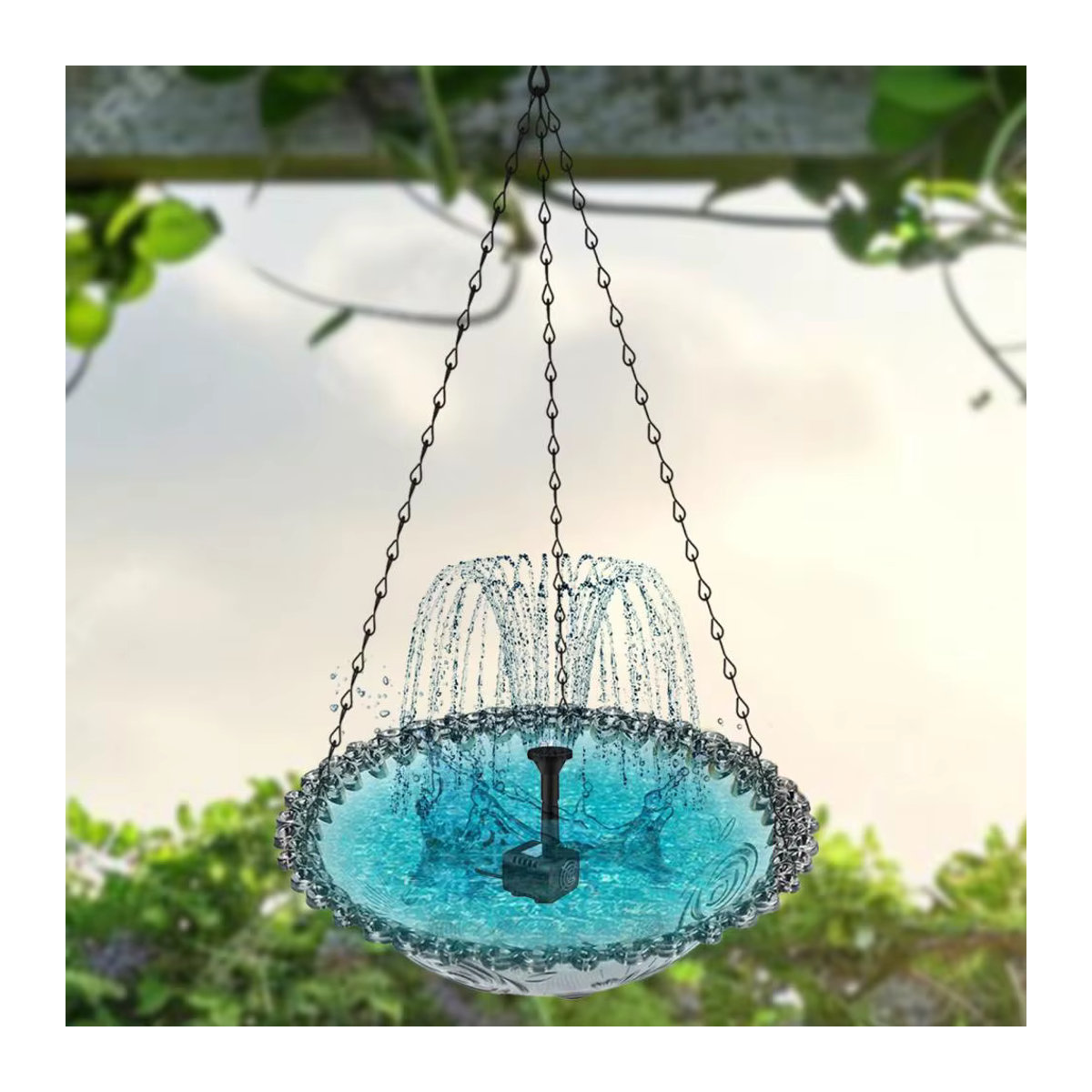 Solar-Kaskadenbrunnen mit blauem Glasbecken als solarbetriebenes Vogelbad für Wildvögel und Kolibris - Bild 4