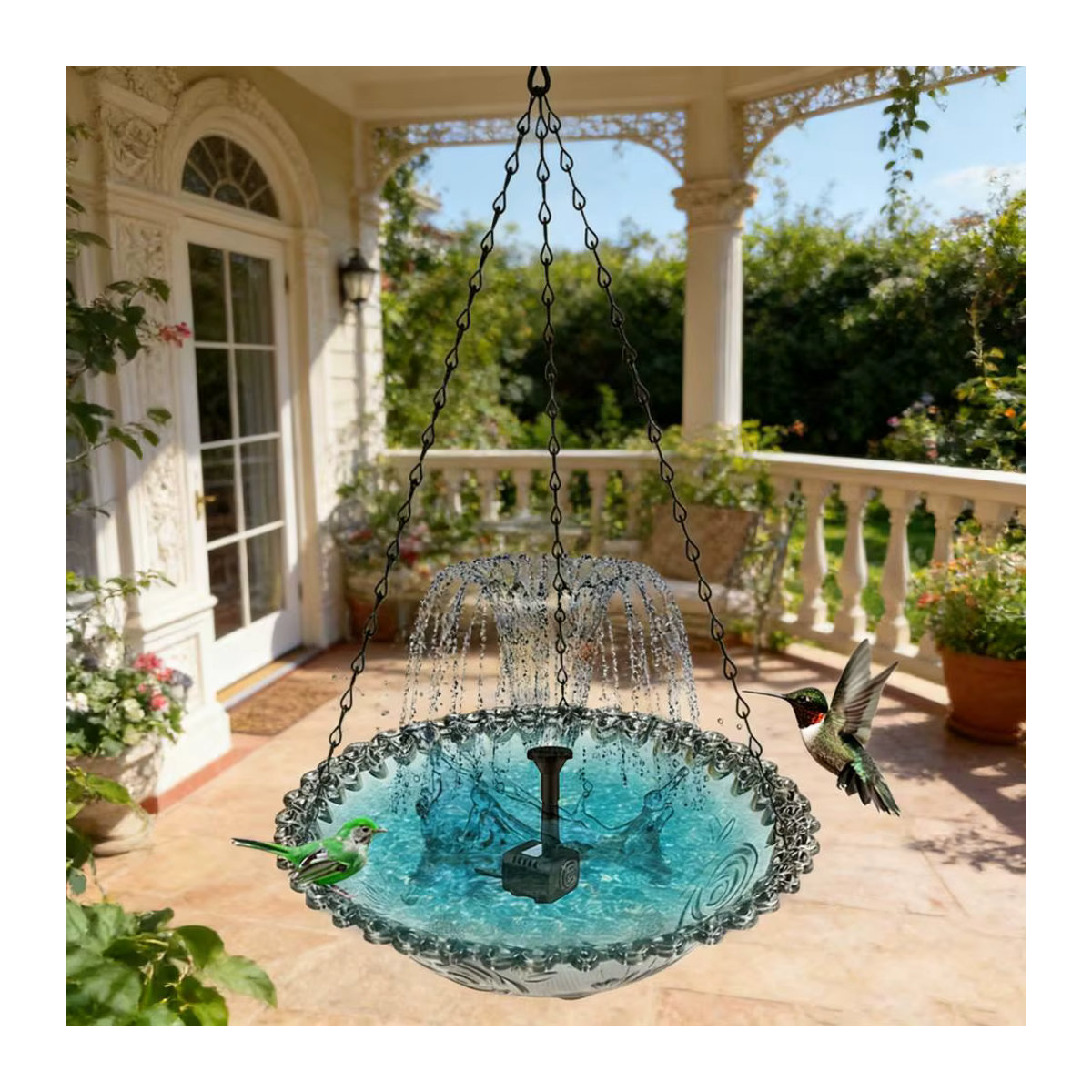 Solar-Kaskadenbrunnen mit blauem Glasbecken als solarbetriebenes Vogelbad für Wildvögel und Kolibris - Bild 5