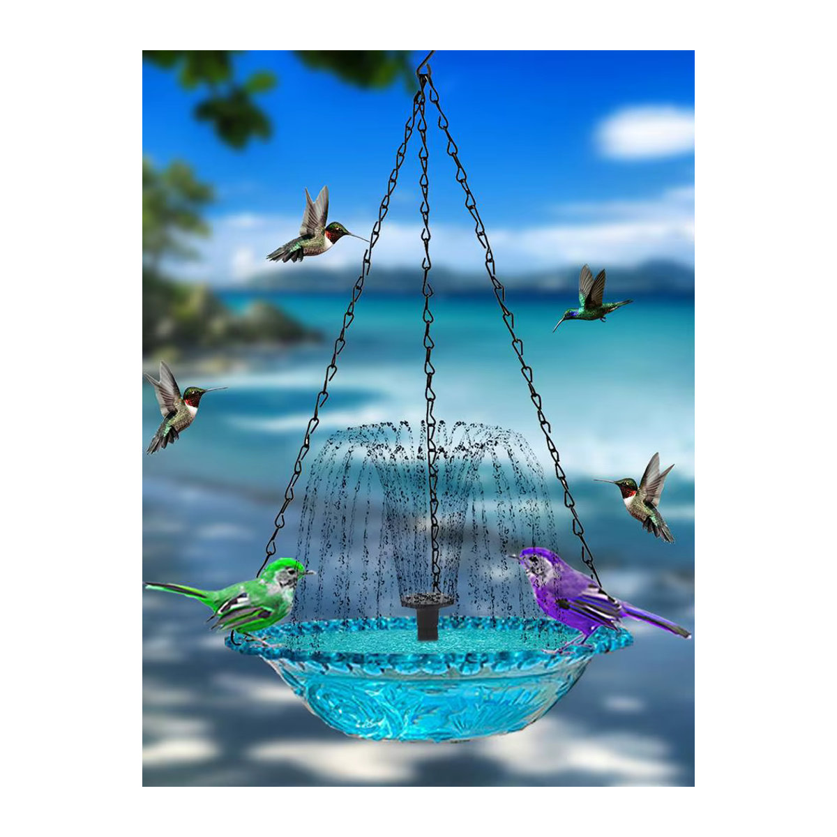 Solar-Kaskadenbrunnen mit blauem Glasbecken als solarbetriebenes Vogelbad für Wildvögel und Kolibris - Bild 7