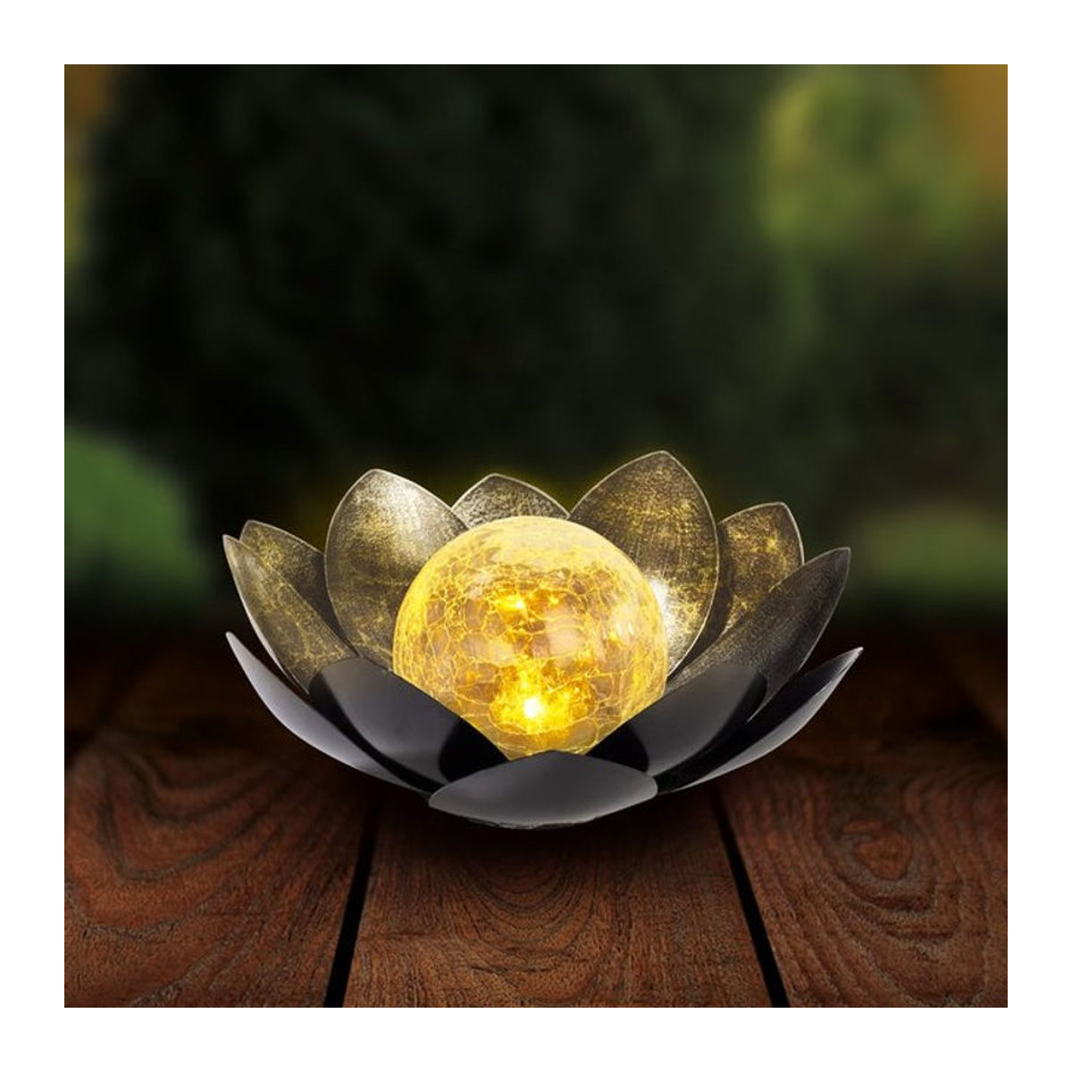 Solar-Leuchte Lotus aus Metall und Glas in Schwarz mit warmweißem LED-Licht, Durchmesser: 27 cm - Bild 1
