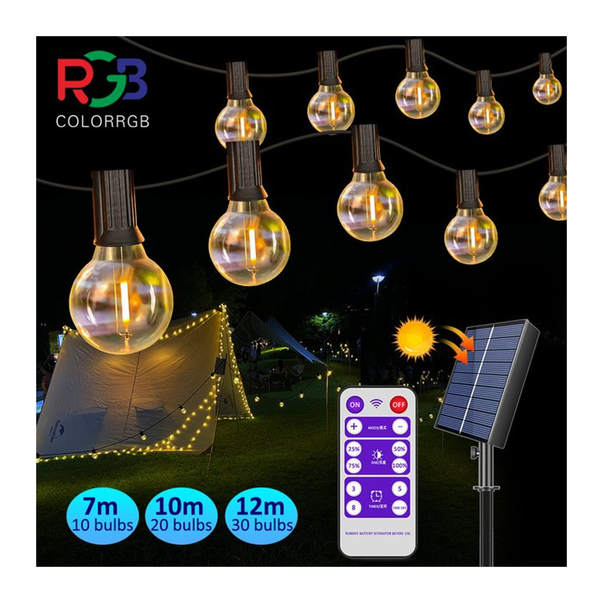 Solar-Lichterkette mit 40 G40 LED-Glühbirnen in Schwarz, wasserfeste Retro-Solarleuchte für den Außenbereich - Bild 1