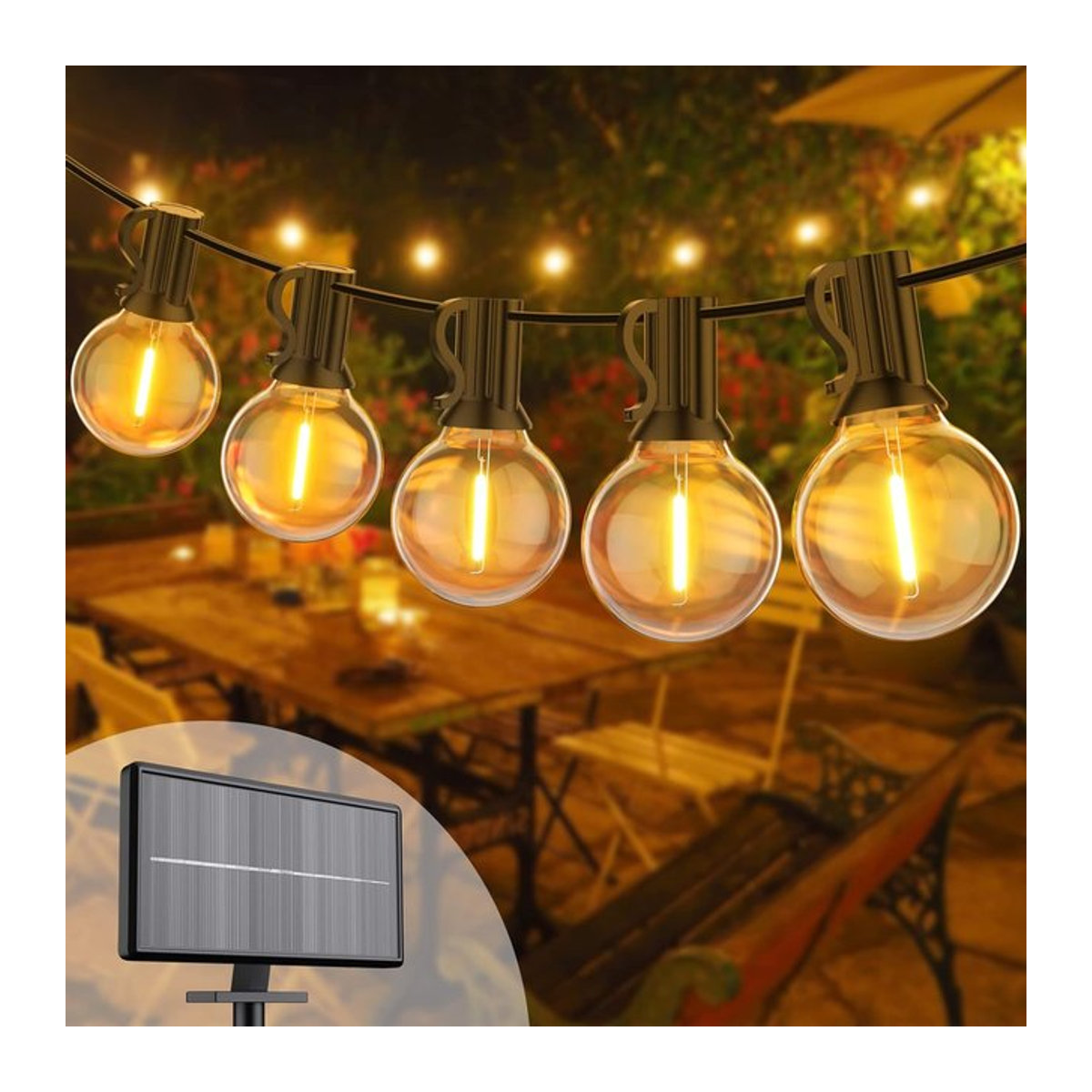 Solar-Lichterkette mit 52 LED-Glühbirnen im Retro-Design, wasserdicht, Schwarz, 17,7 m Länge mit USB-Anschluss und Fernbedienung - Bild 1