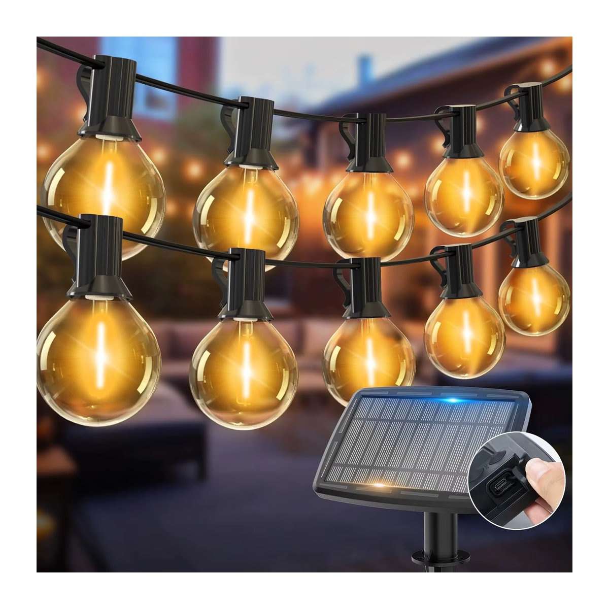 Solar-Lichterkette mit 52 LED-Glühbirnen im Retro-Design, wasserdicht, Schwarz, 17,7 m Länge mit USB-Anschluss und Fernbedienung - Bild 4