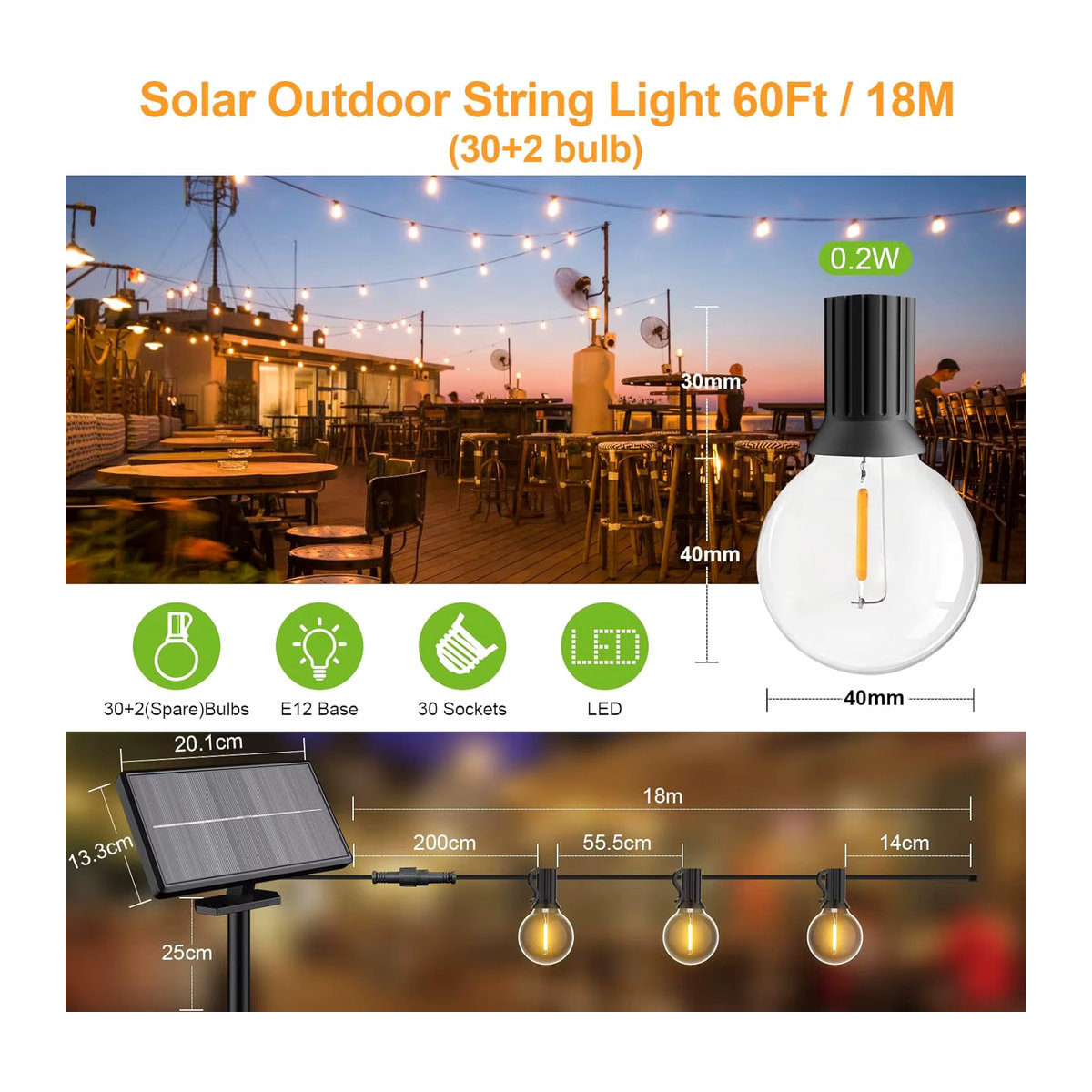 Solar-Lichterkette mit 52 LED-Glühbirnen im Retro-Design, wasserdicht, Schwarz, 17,7 m Länge mit USB-Anschluss und Fernbedienung - Bild 5